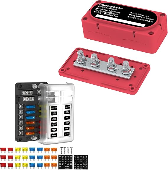 Bundle of 12V 300A Red Bus Bar (4-Posts, M10, with Cover) &12 Way Fuse Block Box