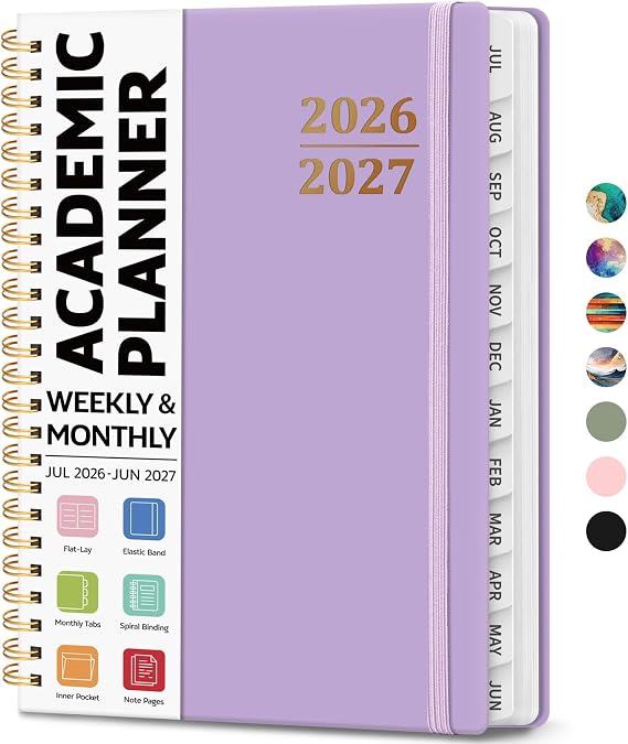 Academic Planner 2026-2027, Weekly and Monthly Calendar Planner Book, July 2026 June 2027, Hardcover Organizer with Tabs, Perfect for Teachers, Students, Women & Men, A5 (6.4" x 8.5") - Lavender