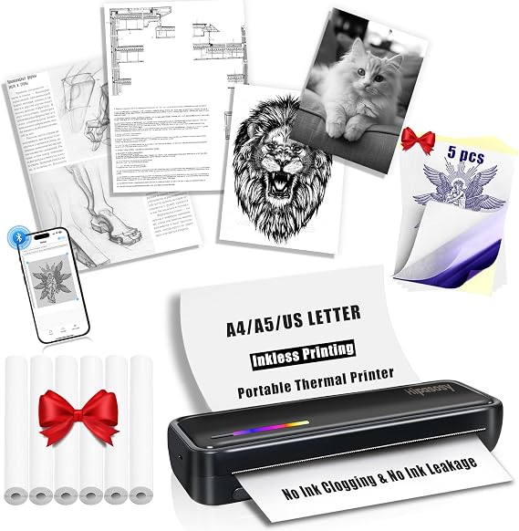 Portable Wireless Thermal Printer for Home & Travel - Mini Bluetooth Inkless Printer Compatible with 8.5"x11" US Letter & A4 Size-