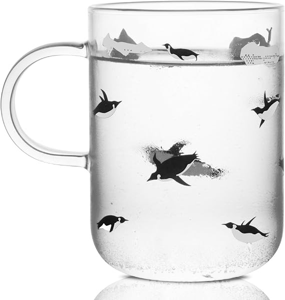 ELITEA Penguin Glass Coffee Mug with Handle Clear Cute Mugs Cup for Drinking Penguin Gift 16.3oz