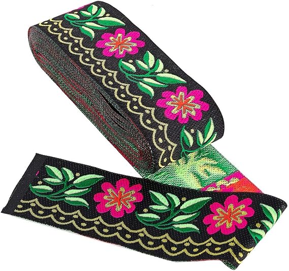 GORGECRAFT 7 Yards 2inch Jacquard Ribbon Daisy Leaves on Waves Fabric Trim Fringe Floral Embroidered Woven Trim for Embellishment Craft Supplies Garment Accessories, Black