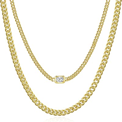 NOKMIT Layered Cuban Link Necklace for Women Dainty Adjustable 14K Gold Plated Miami Curb Chain Choker with Cubic Zirconia Charm Statement Trendy Hip Hop Non Tarnish Jewelry Gifts
