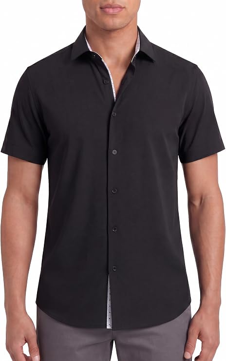 Tom Baine Men's Slim Fit Performance Dress Shirt, 4-Way Stretch, Wrinkle Free, Short Sleeve Solid Button Down Shirt for Men