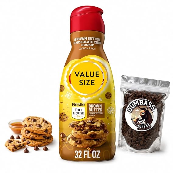 Brown Butter Chocolate Chip Cookie Liquid Coffee Creamer, 32 fl oz Liquid Non-Dairy Creamer for Coffee with Dumbass Coffee Whole Coffee Bean