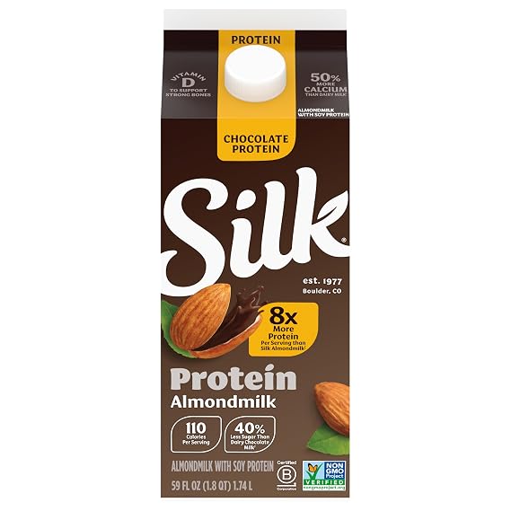 Silk Chocolate Protein Almond Milk, Dairy Free, Gluten Free, Seriously Creamy Vegan Milk with 50% More Calcium than Dairy Milk, 59 FL OZ Carton