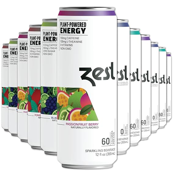 Zest Clean Energy Drinks Variety Pack 3 Flavors 120-150mg Caffeine + 100mg L-Theanine for Focus, Energy & Performance Healthy Energy Drink 12oz Can 12 Pack Natural Energy & Pre Workout Drink