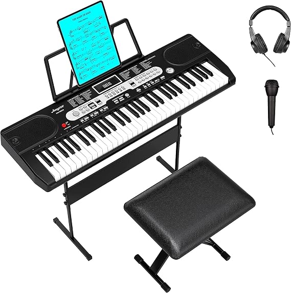 61 Key Keyboard Piano Set for Beginners and Kids, Portable Eletric Keyboard Piano with Stand, Stool, Headphone, Holder, Microphone, Charger, Note Sticker and Carrying Bag