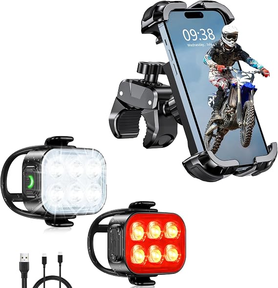 Bike Accessories - Bike Lights for Night Riding [46 Modes][RechargeableWaterproof IP65], Bike Phone Mount [Full Protection][Easy to Enstall]