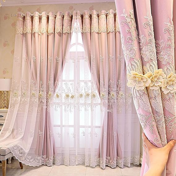 Amidoudou 1 Pair Luxury European Curtains with Valance for Living Room Bedroom Double Layer Embroidered Room Darkening Curtains (Pink,51x95 Inch)