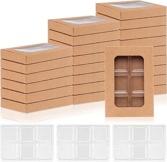 SMAODSGN 50 PCS Gift Boxes for Wax Melts 6 Cavity Plastic Mold with Box Kraft Wax Melt Boxes Crystal Clear Wax Melt Molds Wax Melts Containers for Wax Cubes Wax Tarts Wax Block(4 * 2.8 Inch)