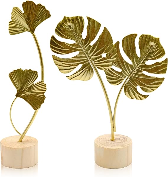 2 Pcs Metal Gold Decor Statues, Leaves Ornaments Modern Creative Home Decor Accents Statue for Office, Room, Bookshelf, Home Decor (Monstera, Ginkgo)