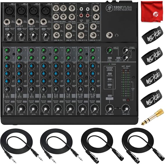 Mackie 1202VLZ4 12-Channel Compact Mixer Bundle with 2x Mophead 10-Foot TRS Cable, 2x 10-Foot XLR Cable, 1/4" to 3.5mm Adapter, 4x Cable Ties and Microfiber Cloth