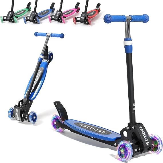 3 Wheel Scooters for Kids 2-5 5-7 Years, 4 Adjustable Heights Foldable Metal Toddler Scooter for Boys Girls Up to 120 lbs, Lean-to-Steer, Dual Rear Brake Widen Anti-Slip Deck