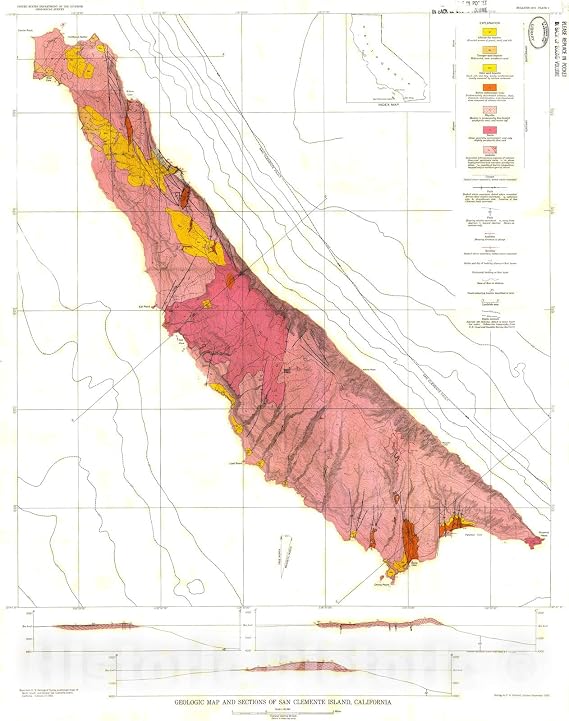 Historic Pictoric San Clemente Island California Bedrock Geology Map 1958 USGS Print - 18in x 24in