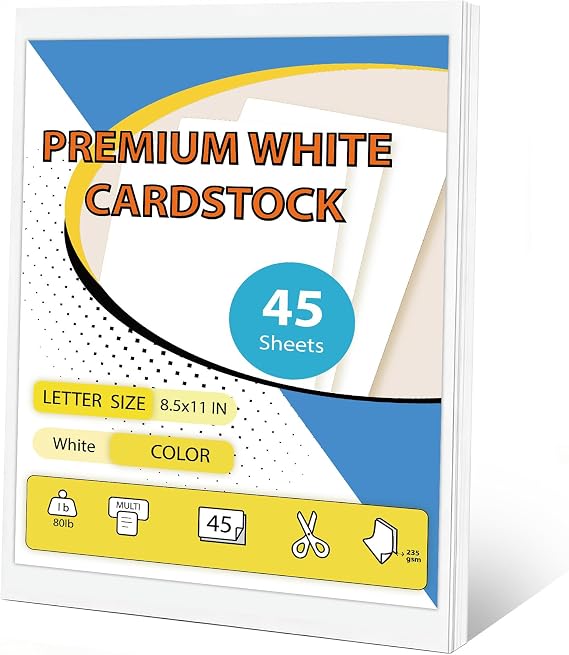 45 Sheets White Cardstock,8.5 x 11 Inch Cardstock Paper,80 lb/235gsm White Card Stock Perfect for Printing, DIY Projects, Invitations, Scrapbooking, Drawings & Crafts