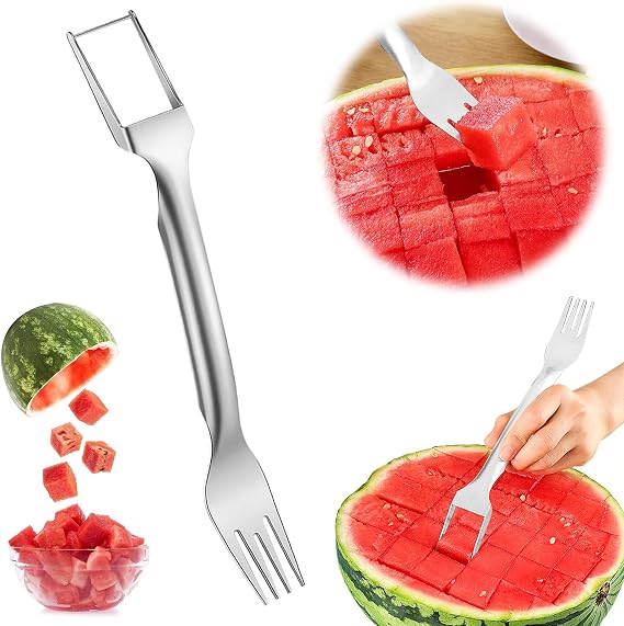 Watermelon Cutter Slicer Fruit Tool - 2-in-1 Stainless Steel Watermelon Cube Cutter, Melon Fork Slicer, Dual Head Watermelon Cuber Cutting Tool Knife (1 PCS)