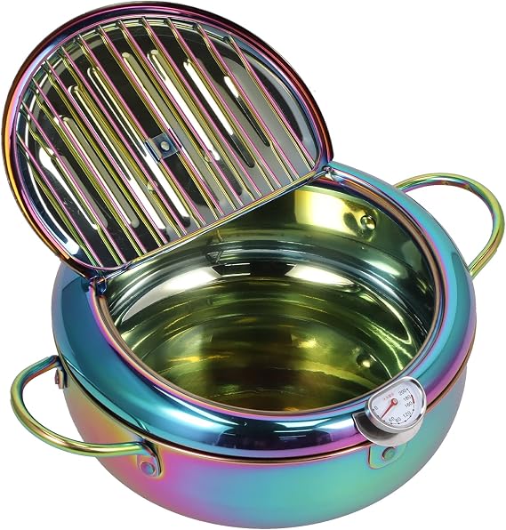 Deep Fryer Pot, 3.2L Stainless Steel Tempura Deep Frying Pot with Thermometer and Oil Draining Rack, Japanese Tempura Fryer Pan for Tempura chips, Fish, and Chicken (Blue)