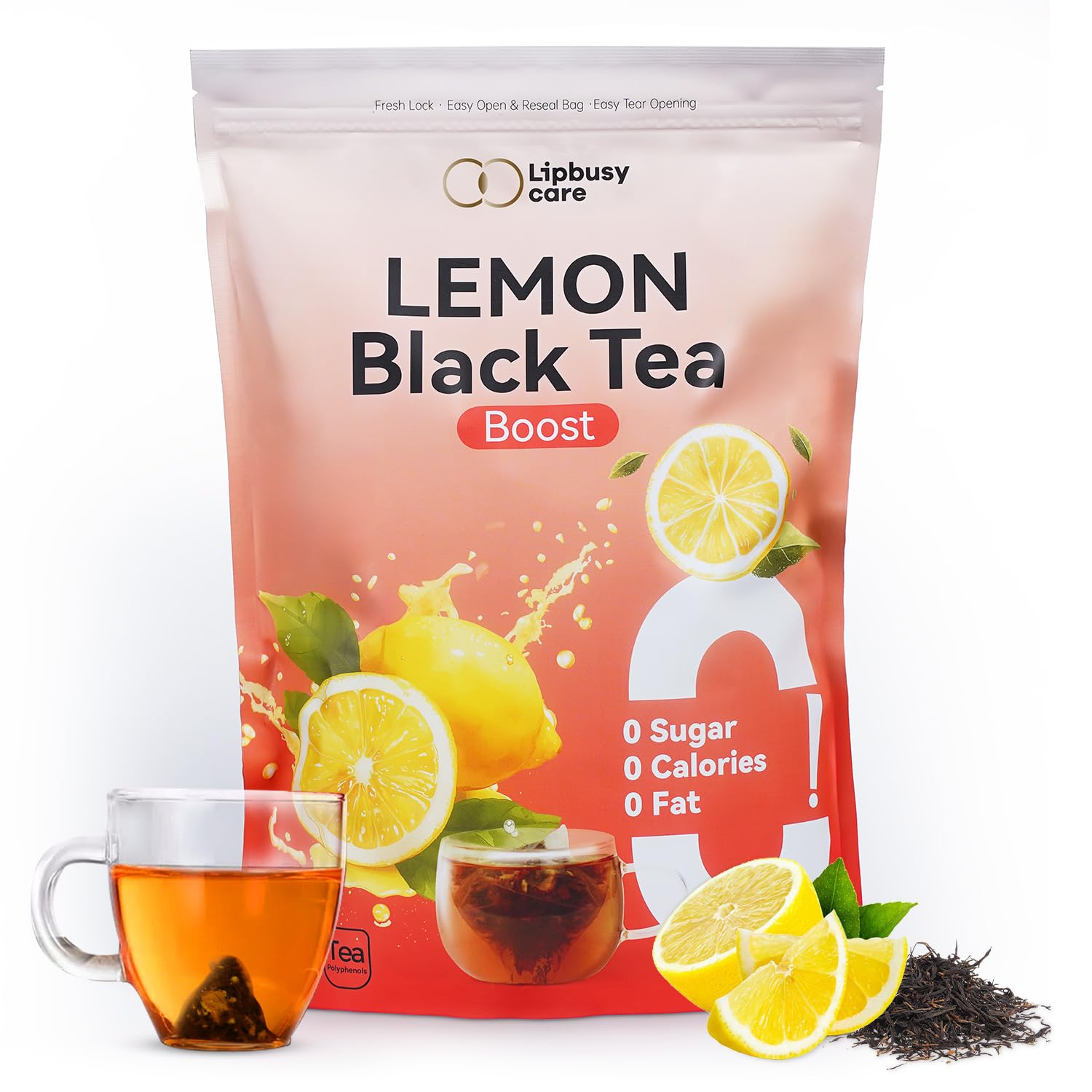 Lipbusy Care Lemon Black Tea Bags 100 Counts with No Added Sugar, Caffeinated Tea with Lemon, Shelf-Stable Flavored Teabags, Pyramid Tea Bags can Support Iced or Hot Tea