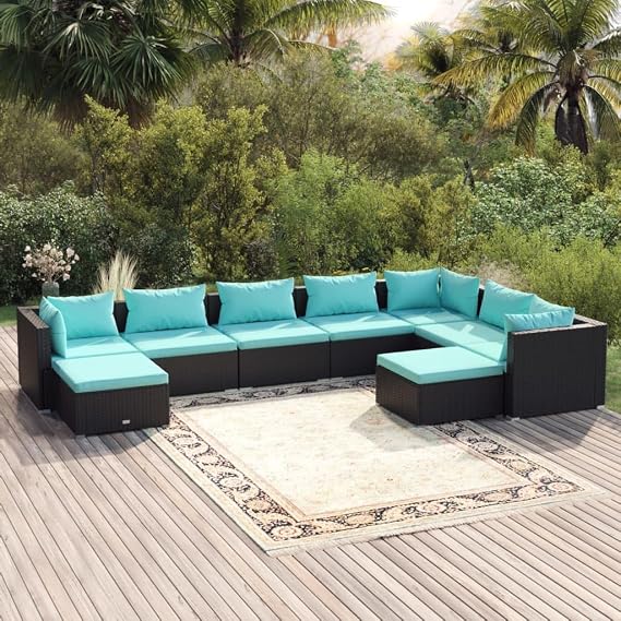 Garden Lounge Set Black, Outside Patio Furniture with Sofa, Chairs, Table, and Water Blue Cushions for Balcony, Garden, or Deck - 9 Pieces