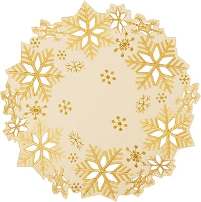 Simhomsen Set of 4 Embroidered Snowflakes Round Doily, Place-mats Round 15 inches for Christmas Holiday and Winter, Dining Table Centerpieces Gold