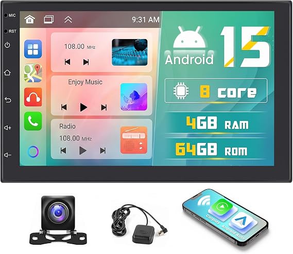 8 Core 4+64GB 7 Inch Android 15 Double Din Car Stereo Wireless Carplay, Touchscreen Android Auto Car Radio Receiver with 59UI Support GPS Navigation Bluetooth FM DSP Split Screen
