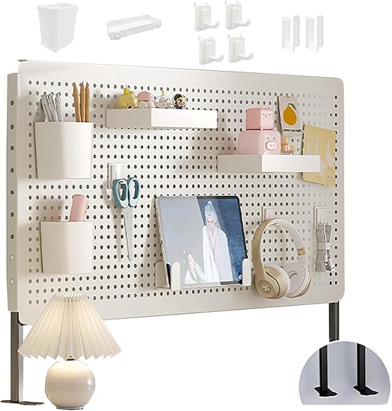 Desk Pegboard Kit, Metal Pegboard with Height Adjustable Base, Small Peg Board Organizer for Study, Bedroom, Office, Kitchen (Color : White-a, Size : 60x40cm/24x16in)