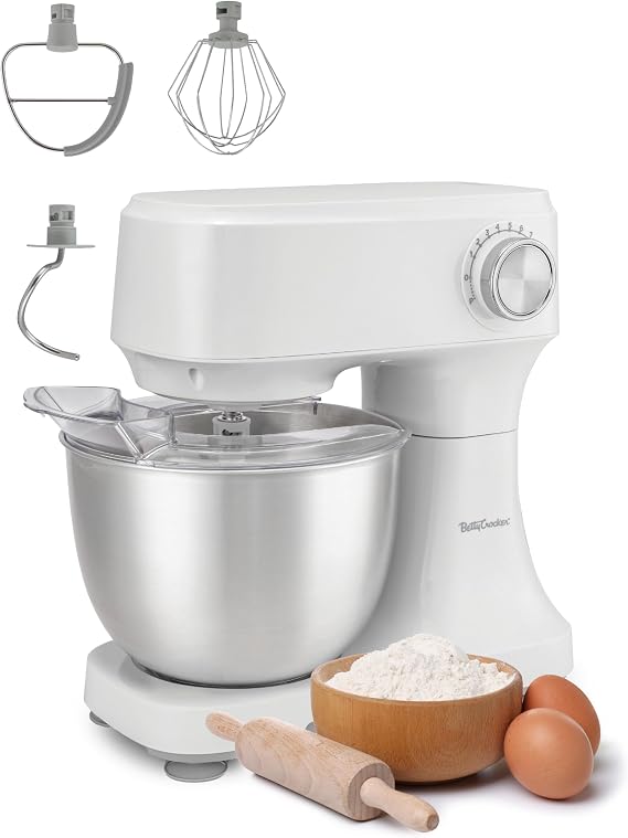 Betty Crocker Stand Mixer, 3.7-Qt Electric Mixer with 10 Speeds, Kitchen Mixer with Dough Hook, Whipping Whisk & Flat Beater with Scraper, Kitchen Appliances with Anti-Splash Cover, 300 watts, White