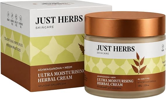Just Herbs Organic Herbal Nourishing Facial Massage Cream With Ashwgandha & Sandalwaood for Men & Women - Suitable for Normal to Dry Skin, 100g