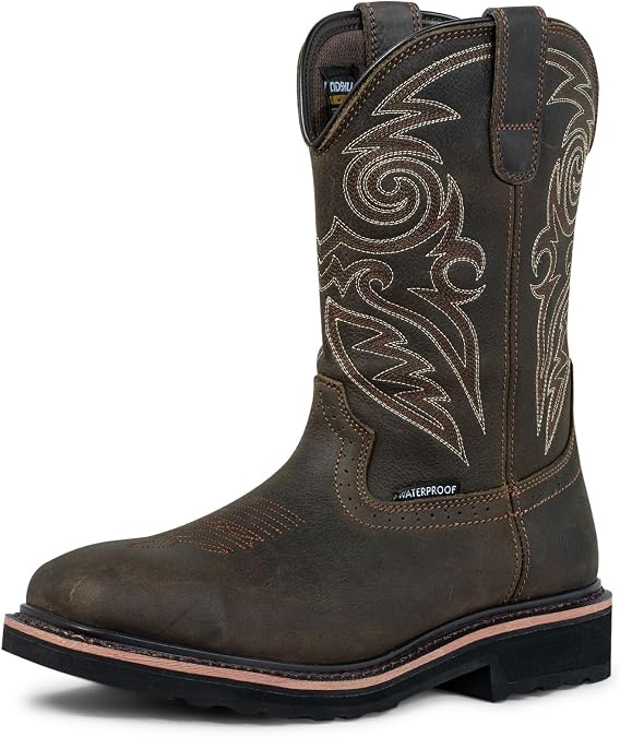 Steel Toe Work Boots for Men Cowboy Boots Square Toe Waterproof Leather Rancher Western Safety Shoes Brown