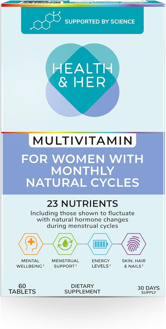 Health & Her Natural Cycles, Women's Multivitamin, Vegan, 30 Day Supply | Daily dietary supplement with iron, magnesium & calcium for support during menstural cycles; Vegan, gluten free; 60 Tablets