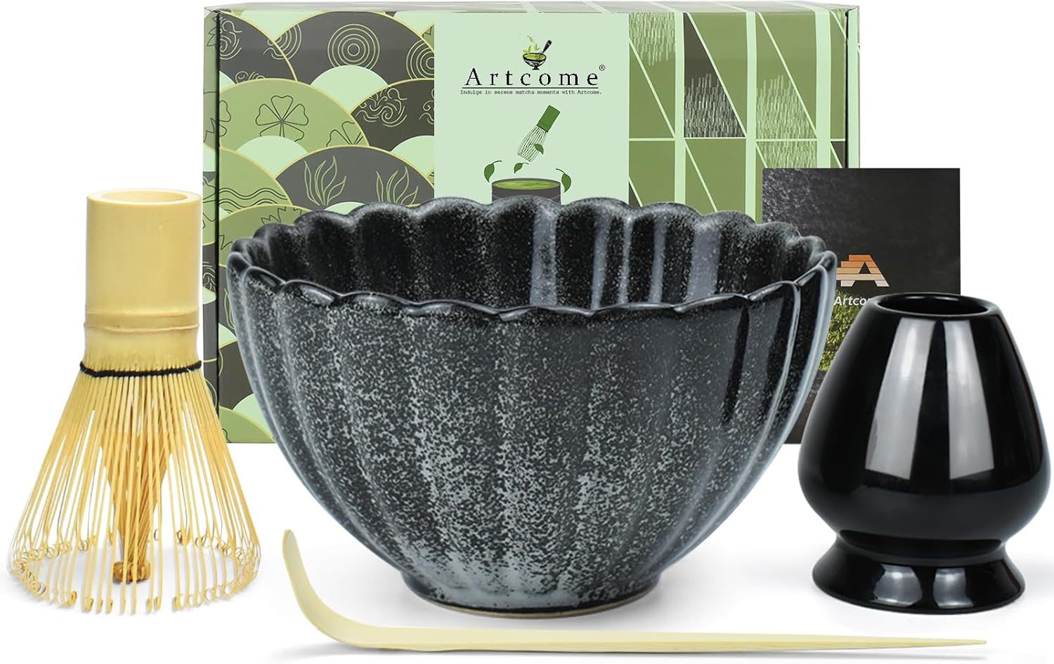 Artcome Matcha Tea Set - 17oz Petal-Shaped Matcha Bowl, Bamboo Whisk, Scoop, Whisk Holder & Brewing Guide - Japanese Tea Ceremony Tools for a Perfect Matcha Experience, Black