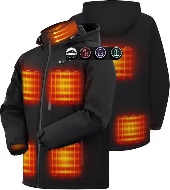 ARRIS Men`s Heated Jacket, Electric Heating Coat with 7.4V Battery and Detachable Hood - Waterproof, 8 Heating Areas