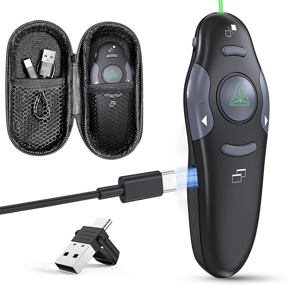 Presentation Clicker for PowerPoint, Wireless Presenter Remote with Case | Green Laser Pointer, 2in1 USB/Type C Receiver, Rechargeable, for Mac/Windows/Linux, Computer/Laptop, Google Slide/Keynote
