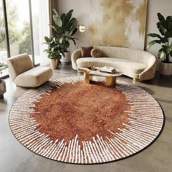 Orange White Stripe Line Texture Modern Abstract Round Rug for Living Room Bedroom Diningroom Office Nursery Fluffy Carpet Boho Washable Non Slip Bathroom Hallway Kitchen Circular Area Rugs 10ft