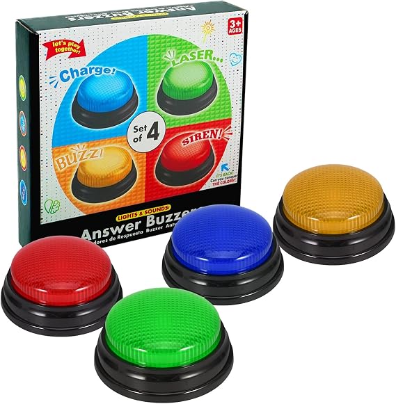 4-Pack Buzzers for Trivia Games, Answer Buzzers for Classroom, Game Show Buzzers Buttons, Family Feud Jeopardy Buzzer, Game Buzzers with Lights and Sound for Classroom