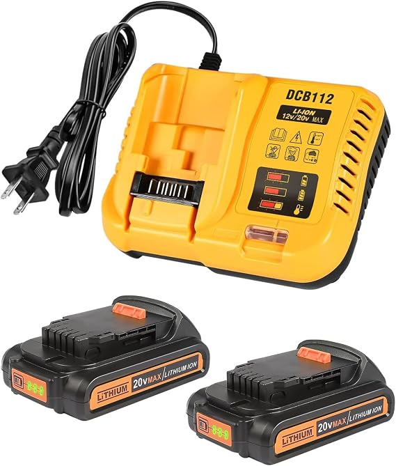2Pack 3.0Ah 20V Max Battery with DCB112 Charger Replacemen for Dewalt | Compatible with Dewalt 20V Battery DCB202 DCB203 DCB204 DCB205 DCB206 DCD/DCF/DCG Series Tools