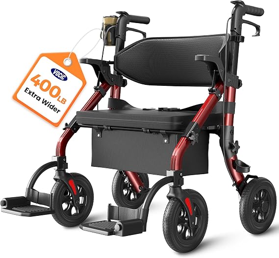 VOCIC Senior Walker, Fat Roller Walker with Seats & Brakes 400 lbs, Rolling Walker Folding, Transport Chair, Folding Adult Walker, 4 Wheeler Walker Wheelchair Combo Z59
