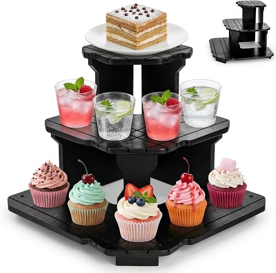 Cididu 3 Tier Corner Display Stand with Card Slots, Black Wood Tabletop Tiered Shelf for Earring Card, Photos, Pictures, Portable Wood Retail Display for Craft Shows, Candle Display, Vendor Events
