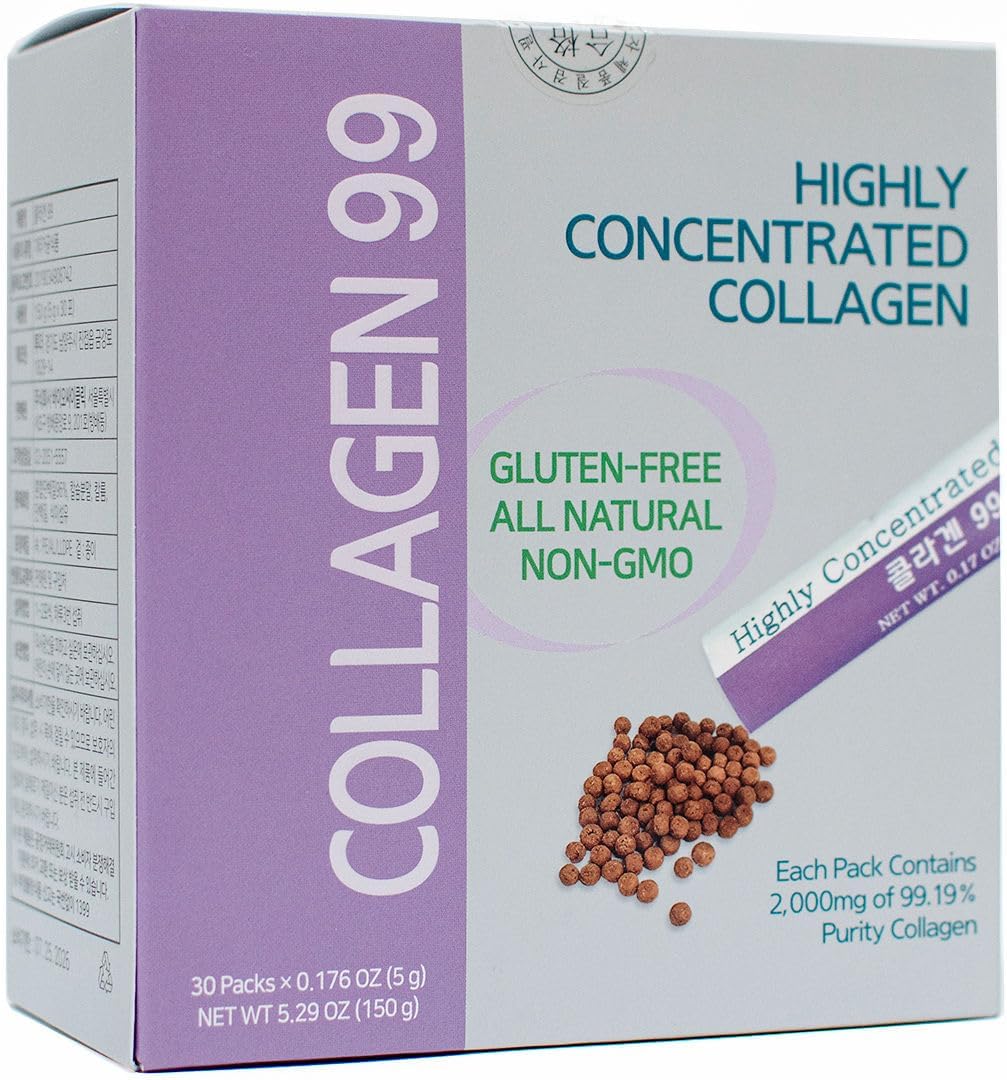 Highly Concentrated Collagen 99% 30 Packs Food for Beauty. Gluten Free. Circulatory System and Digestive Health, Hair, Nails and Skin. Made in Korea