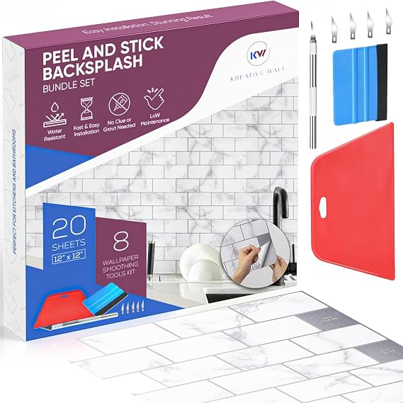 Peel and Stick Backsplash Tile for Kitchen Wall, 12 x 12 Stick On Backsplash Bundle Set with Wallpaper Smoothing Tool Kits for Kitchen or Bathroom with 3D Glass Tile Looks