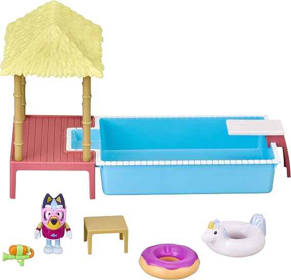 Bluey Pool Time Playset, Immersive Toddler Pool Set with 4 Play Accessories and Articulated Swimsuit Figurine, Small Toys for Kids Ages 3+