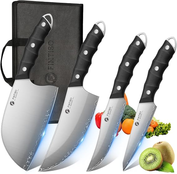 FINTISO 4 PCS Viking Knife Set, Hand Forged Butcher & Serbian Chef Knives