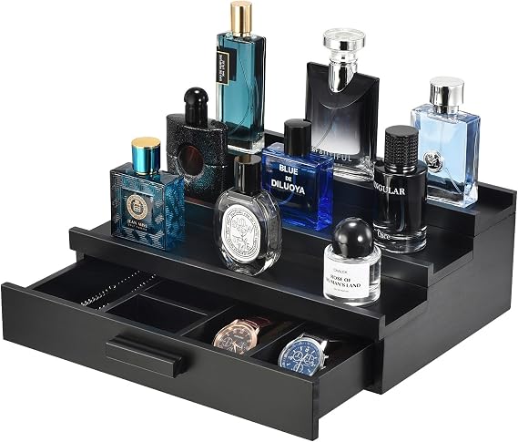 Perfume Organizer for Men,3 Tier Perfume Display Stand,Black | Wood Display Stand with Velvet Lining Drawer and Hidden Compartment for Watch,Jewelry,Perfume Display Risers,A Gift for Men
