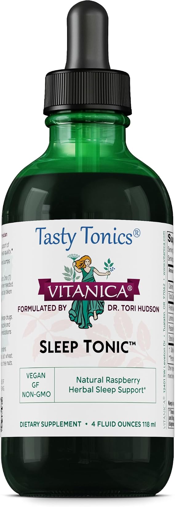 Vitanica Sleep Tonic, Natural Liquid Sleep Aid Supplement, Dr. Formulated, Relaxation and Calm Support for Adults, Stress Relief, Valerian Root, Lemon Balm, Passion Flower, Vegan, 4 Ounce | Raspberry, Alcohol-Free, Liquid Supplement for Sleep and Relaxation Support with Passionflower, Lemon Balm and Valerian Root
