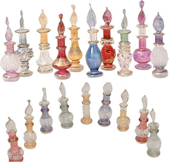CraftsOfEgypt Genie Blown Glass Miniature Perfume Bottles for Perfumes & Essential Oils, Set of 20 Decorative Vials, Each 2" High (5cm), Assorted Colors
