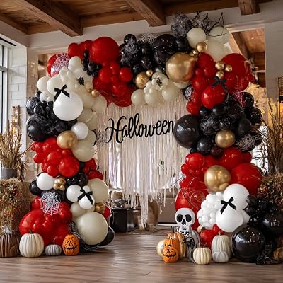 Fancy Halloween Double Stuffed Balloon Garland Different Sizes 18In 12In 5In Black Red White Black Bow Balloon Arch Kit For Happy Halloween Birthday Magic Party Decorations