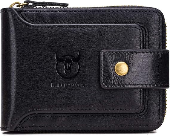 BULLCAPTAIN Genuine Leather Wallet for Men QB-231 (Black) | Large Capacity, Bifold, Zipper Coin Pocket, RFID Blocking & ID Window,12 card slots,gift choice