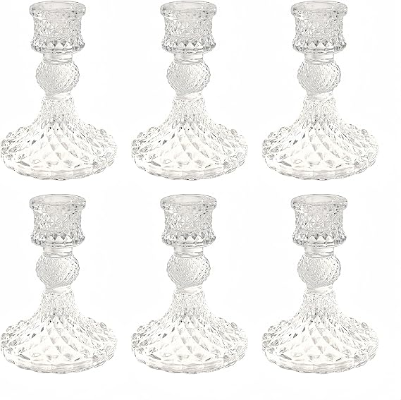 Clear Glass Candlestick Holders, Taper Candle Holders, Set of 6