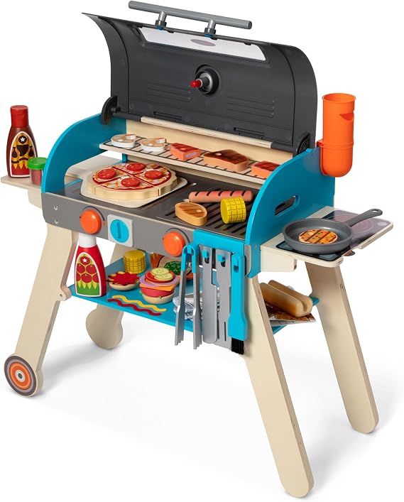 Melissa & Doug Deluxe Wooden Barbecue Grill & Smoker with Toy Food | 60+ Pieces, Wooden Grill, Sliceable Pretend Play Food, Realistic Cooking Toys & Accessories, Preschool Toys for Kids, Ages 3+