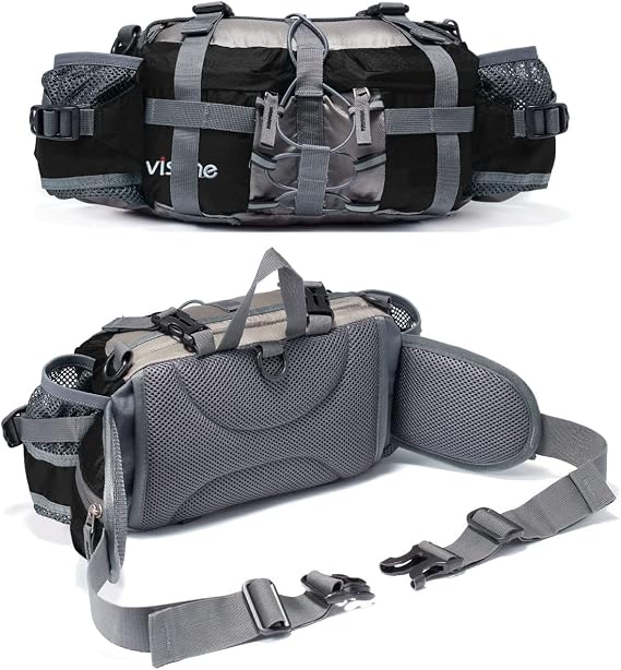 VISCNE Outdoor Fanny Pack Hiking Fishing Waist bag 2 Water Bottle Holder Lumbar Pack (Black)